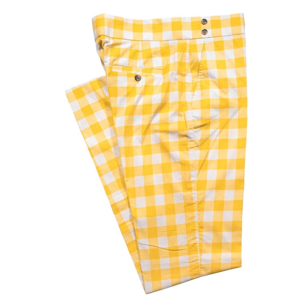 Mens 32 Gurkha Pants Yellow White Gingham Check Slim Flat Front Cotton Trousers